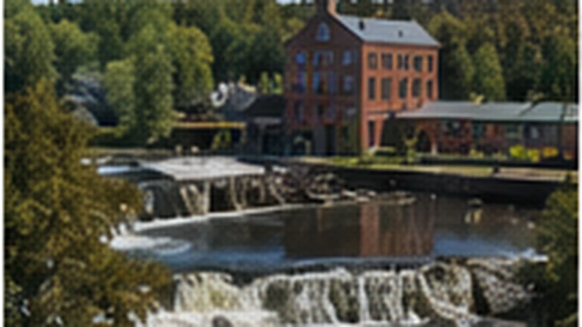 Historic brick mill beside a river and a small waterfall